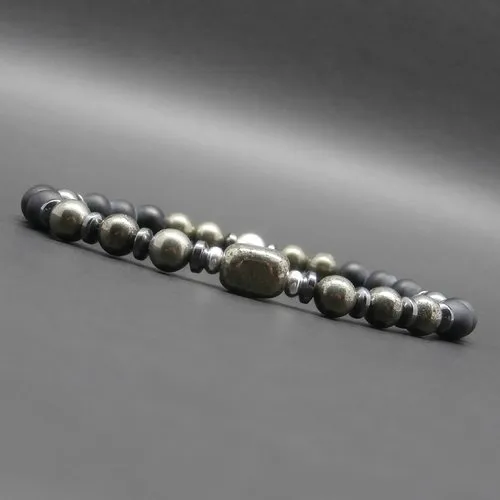 Bracelet homme, stretch, nugget en pyrite, pierres gemmes, hématite, onyx noir mat, perles en argent ø 6 mm r644