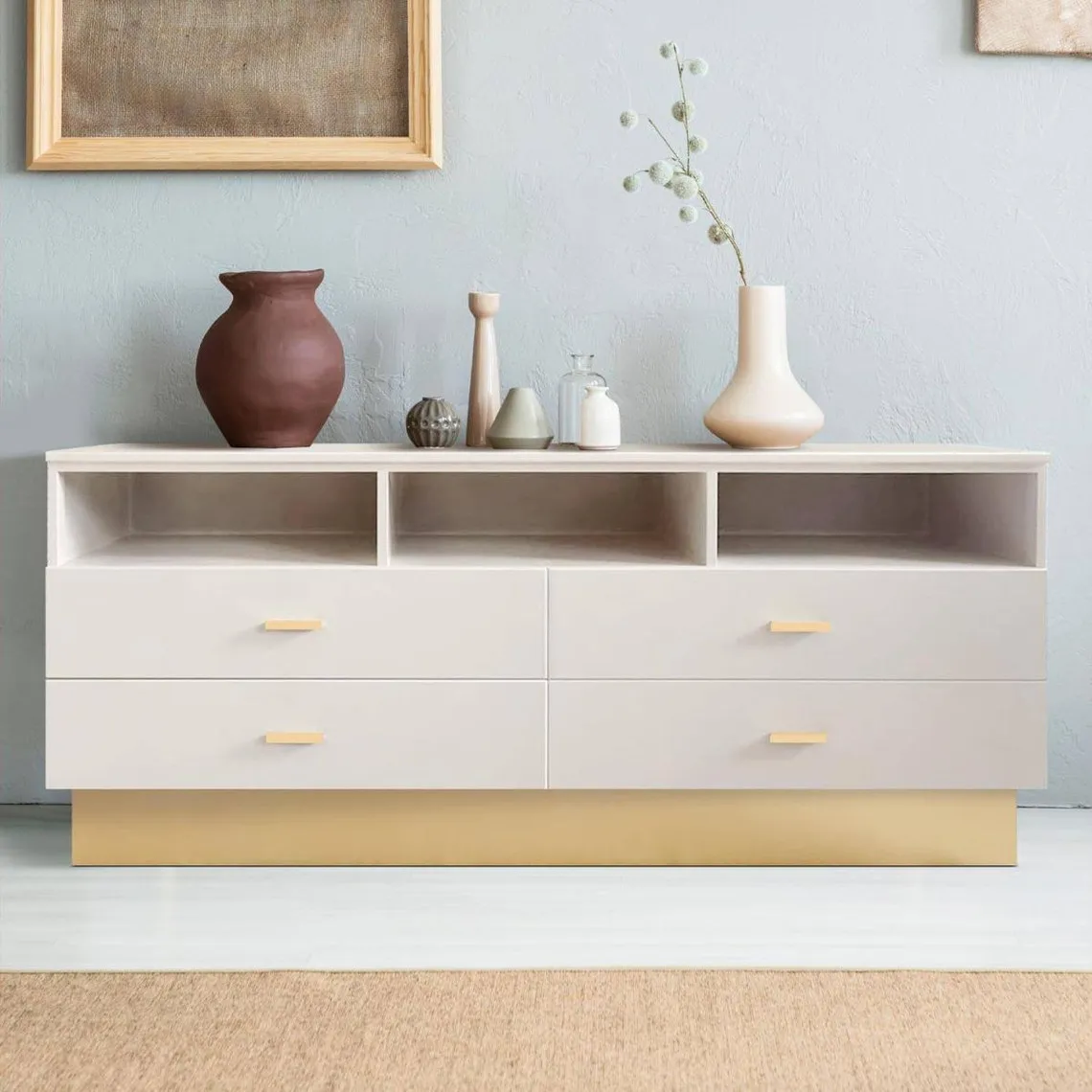 Meuble TV moderne 4 tiroirs Taupe clair et Or | 3 Suisses