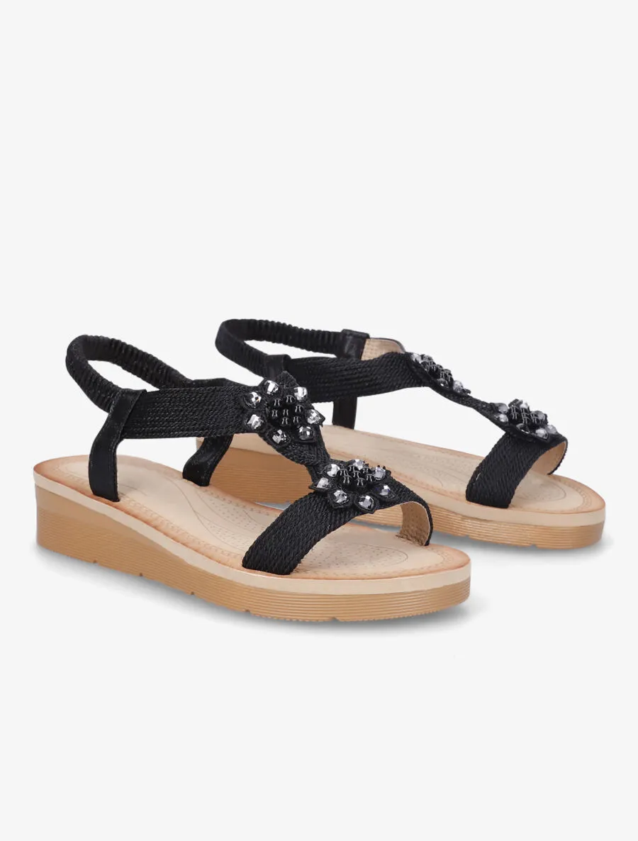 Nu-pieds à motif fleurs ornés de strass et perles - Noir
