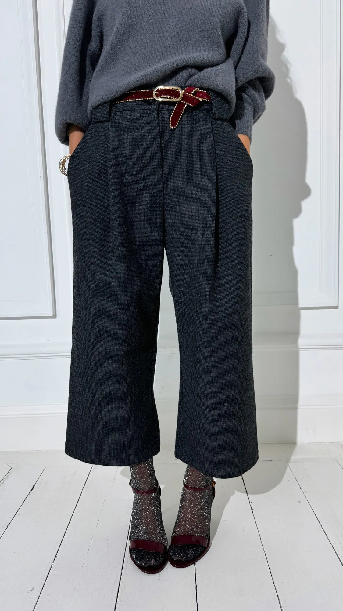 Pantalon pied de poule gris 7/8ème