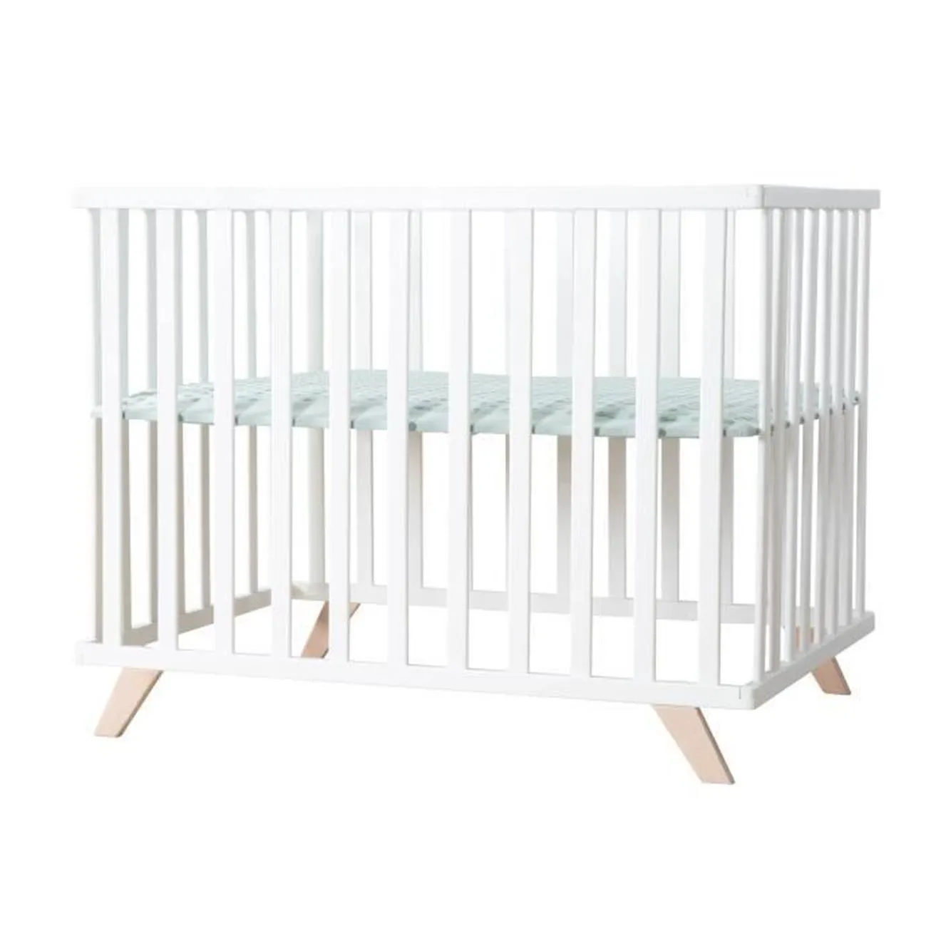 ROBA Parc Bébé 75 x 100 cm en Bois Massif Bio + Tapis Lil Planet Certifié OEKO-TEX - Hauteur Réglable - Blanc - Vert Givré blanc