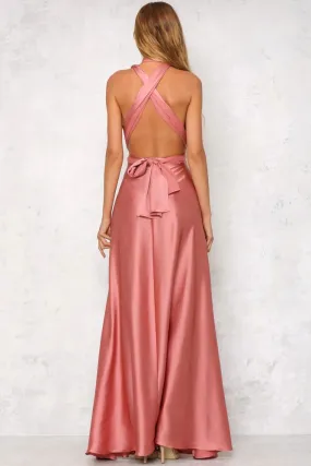 Rose Satin Sleeveless Cross-Back Plunging Neckline Evening Dress ⋆ Revenge Dress