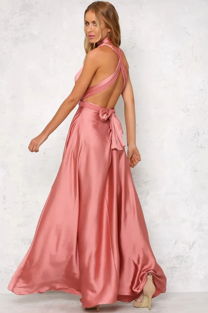 Rose Satin Sleeveless Cross-Back Plunging Neckline Evening Dress ⋆ Revenge Dress