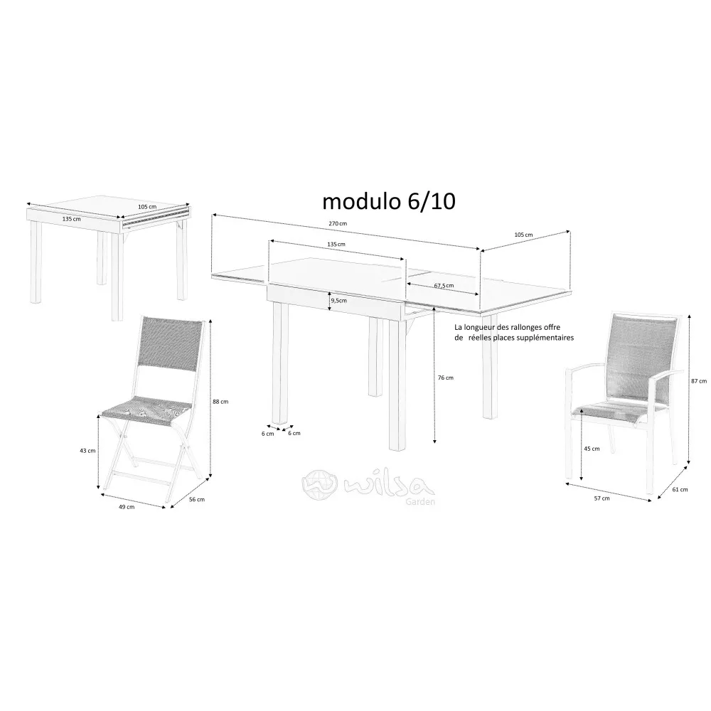Salon de jardin Ensemble ModuloWood T 6/10 + F 6 + C 4 Verre Déco Bois Blanc Blanc Wilsa Garden