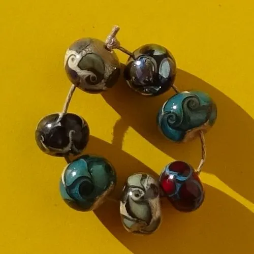 Set of 7 Murano glass beads, lampwork glass, perl.5787