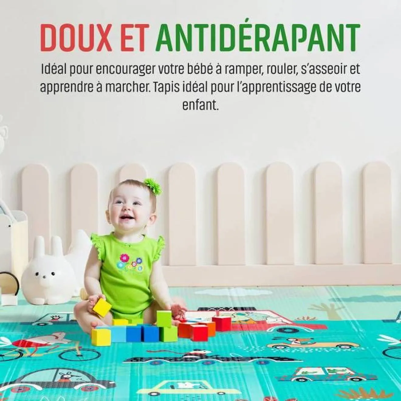 Tapis d éveil Pliable Réversible Bébé PREMIUM Mer & Voiture - 180 x 200 cm - Géant - Kidolo bleu - Kidolo
